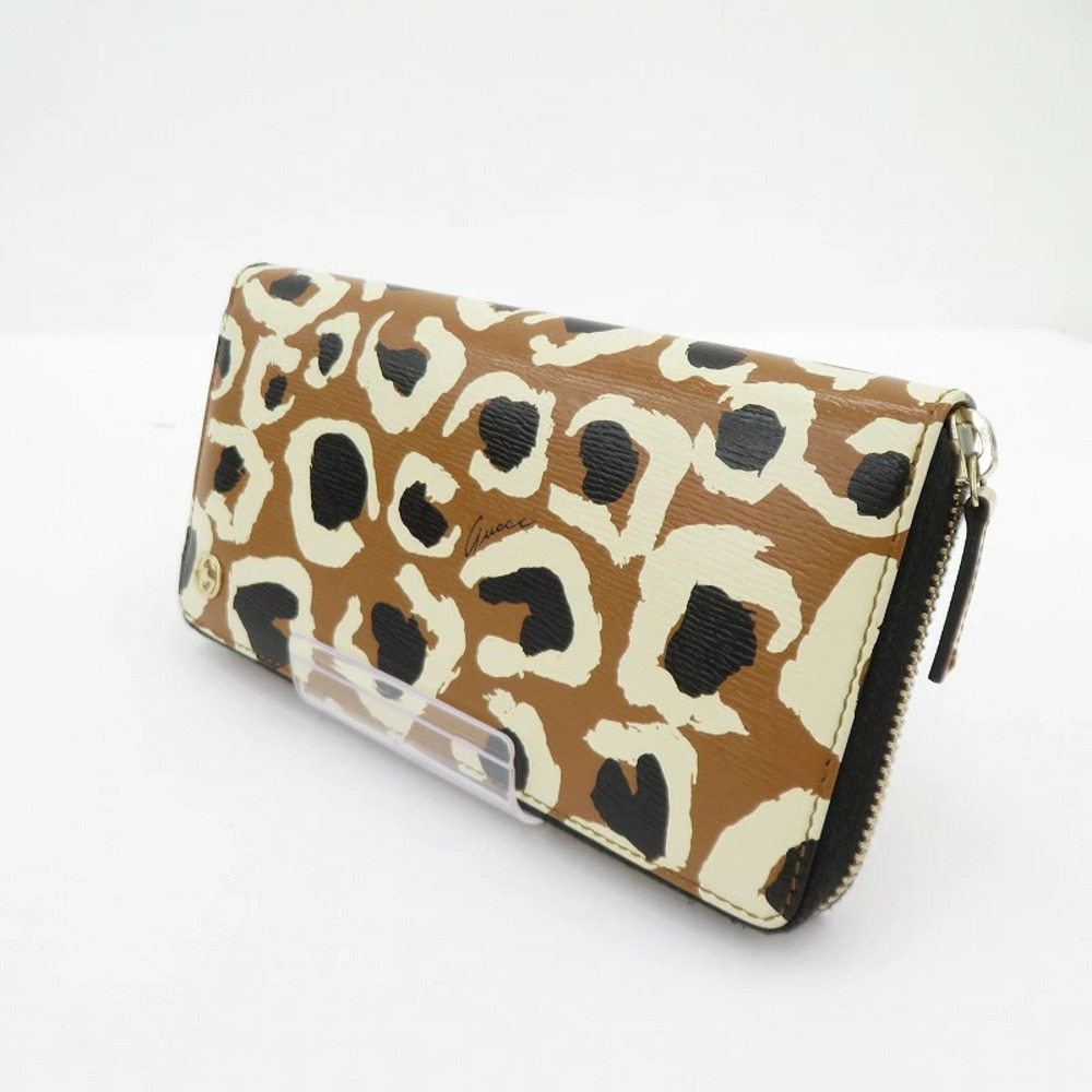 Gucci Leopard Round Zipper Long Wallet Brown